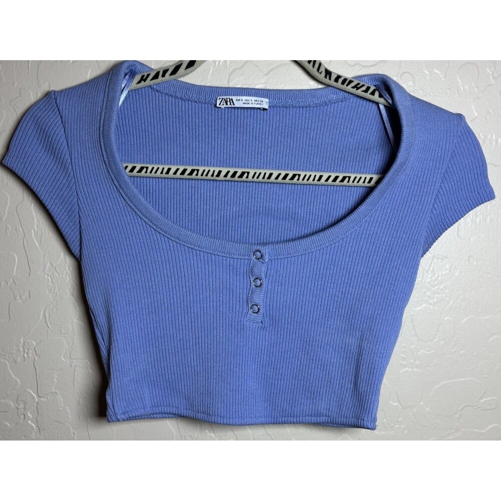 ZARA Womens S Blue Ribbed Knit Cropped Scoop Neck Button Front Cap Sleeve